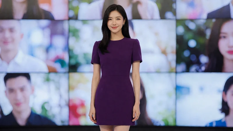一名虚构成年东亚女主持穿葡萄紫短裙站在多屏视频墙中央